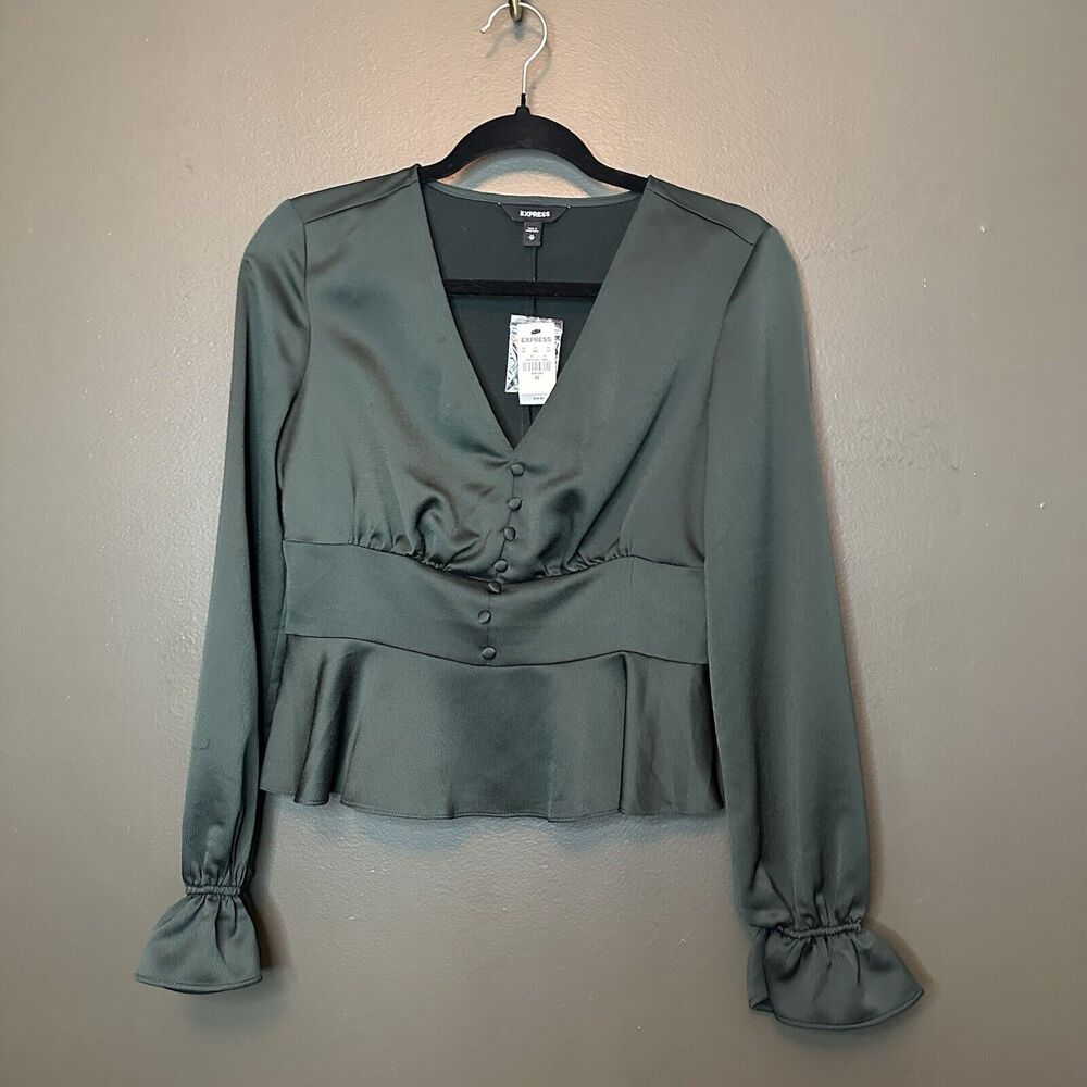 NWT Dark Green Express Satin Long Sleeve Romantic Cropped For Blouse XS